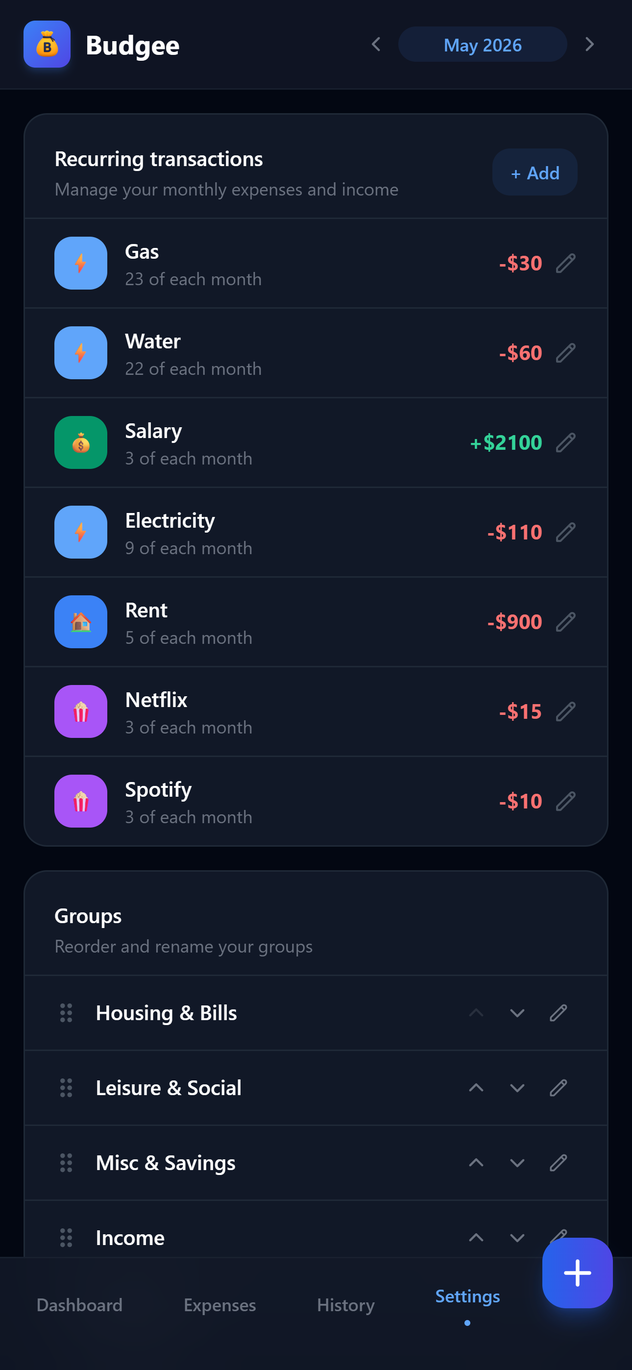 Recurring & groups — Budgee