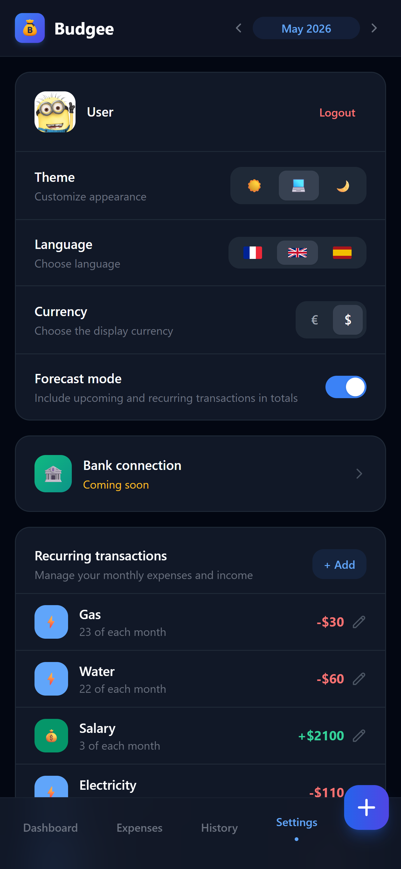 Settings — Budgee